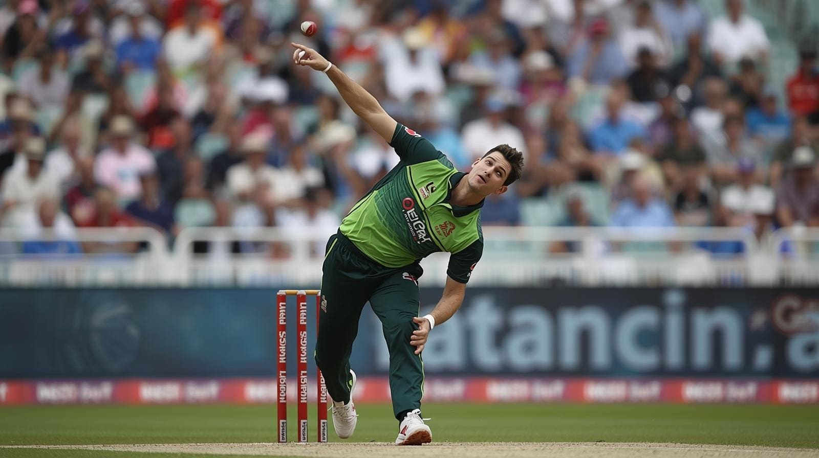 A professional cricketer bowling a delivery with focus