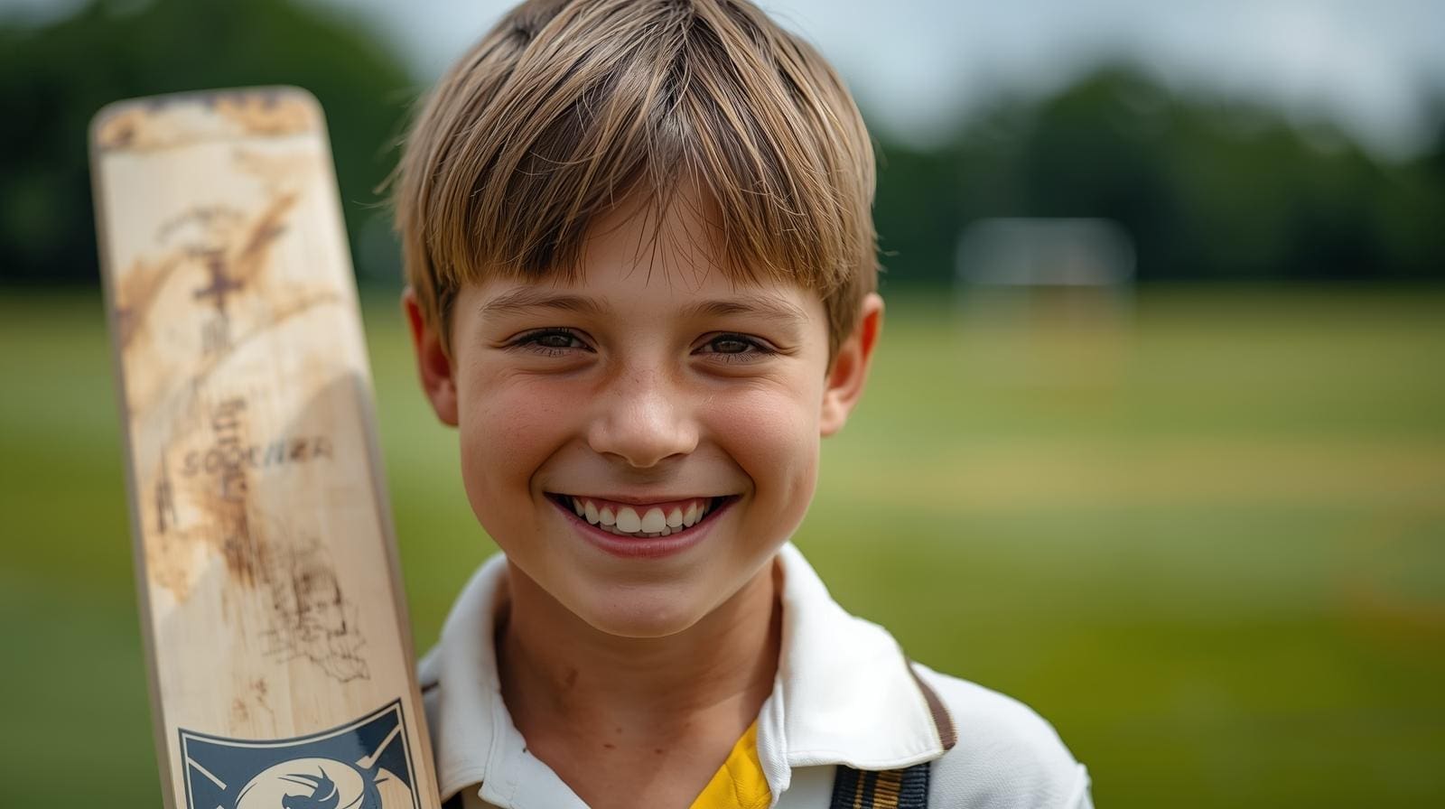 10 year old boy who plays cricket smiling