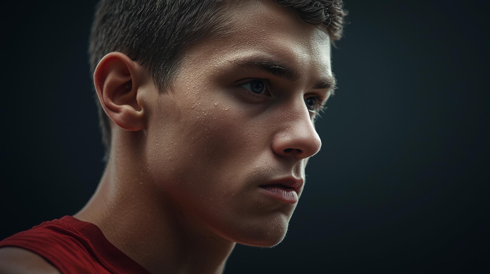 image of a young male athlete staring into space, looking frozen