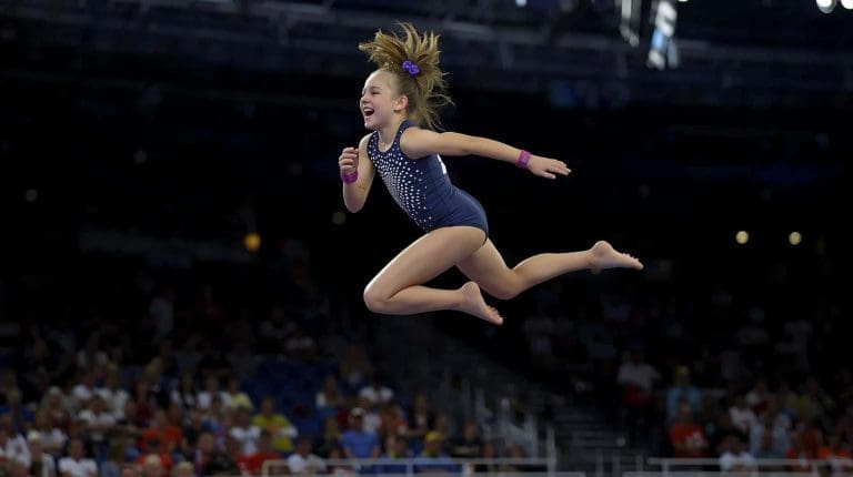 young girl, 10 years old, trampolining