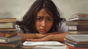 child looking confused revising for exams