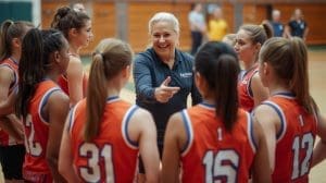 NETBALL PLAYERS WITH A COACH TALKING