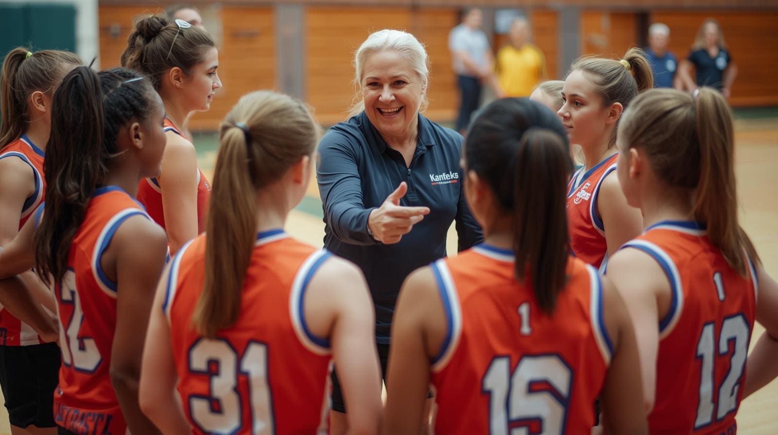 NETBALL PLAYERS WITH A COACH TALKING