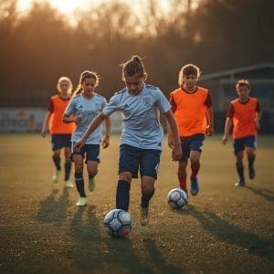 Young soccer players training